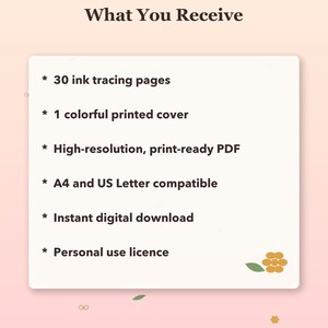 May include: A digital product information card with the heading What You Receive, listing 30 ink tracing pages, 1 colorful printed cover, high-resolution print-ready PDF, A4 and US Letter compatible, instant digital download, and personal use licence.