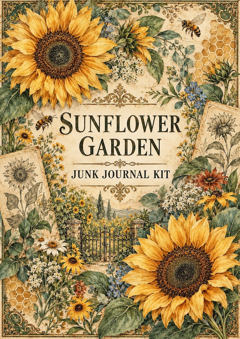 May include: A Sunflower Garden junk journal kit featuring large yellow sunflowers, green leaves, small blue flowers, and bees. The center text reads Sunflower Garden Junk Journal Kit, surrounded by a decorative border and a honeycomb pattern.