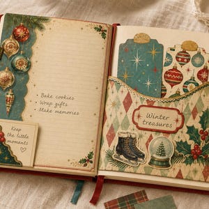 May include: An open journal with lined pages decorated with Christmas themes. The left page features hanging ornaments, holly, and text reading Bake cookies, Wrap gifts, Make memories, and Keep the little moments. The right page has a pocket with Winter treasures text, ice skates, and a snow globe.