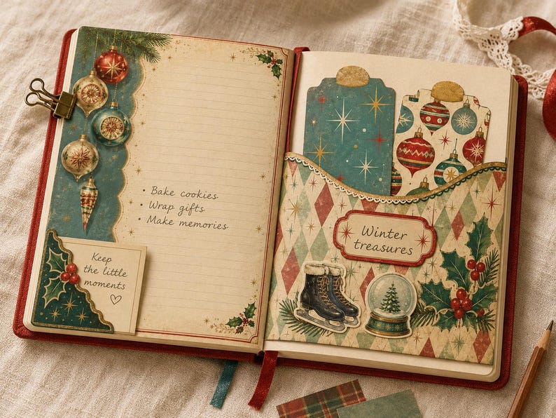 May include: An open journal with lined pages decorated with Christmas themes. The left page features hanging ornaments, holly, and text reading Bake cookies, Wrap gifts, Make memories, and Keep the little moments. The right page has a pocket with Winter treasures text, ice skates, and a snow globe.