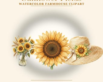 Sunflower Clipart Bundle | 25 Watercolor Farmhouse PNG | Rustic Sunflower Mason Jar Bee Clipart | Wedding Kitchen Decor | Commercial Use