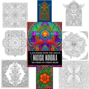 May include: A coloring book for adults titled "Magical Mandala" with 100 pages of stress relief. The cover features two pink flamingos, a sun, and vibrant colors. Surrounding the book are detailed black and white mandala designs.