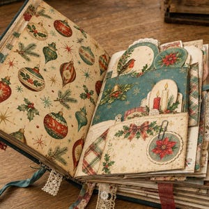 May include: An open scrapbook featuring pages decorated with Christmas-themed paper. The left page displays red and green ornaments on a cream background. The right side contains layered pockets, tags, and cutouts with images of poinsettias, candles, and a robin, accented with lace and fabric ribbons.