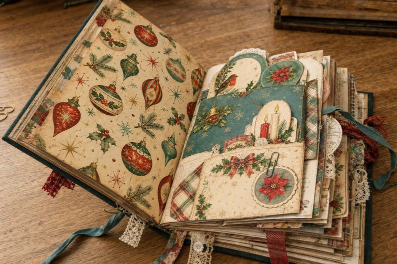 May include: An open scrapbook featuring pages decorated with Christmas-themed paper. The left page displays red and green ornaments on a cream background. The right side contains layered pockets, tags, and cutouts with images of poinsettias, candles, and a robin, accented with lace and fabric ribbons.
