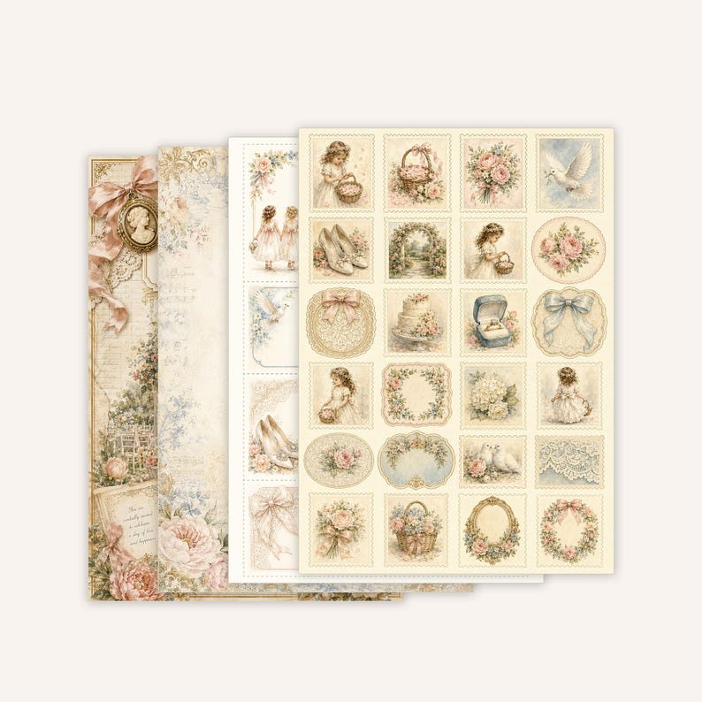 May include: A collection of decorative paper sheets featuring vintage-style illustrations of wedding themes, including floral bouquets, doves, lace patterns, ribbons, and children in formal attire, arranged in grid-like stamp designs.