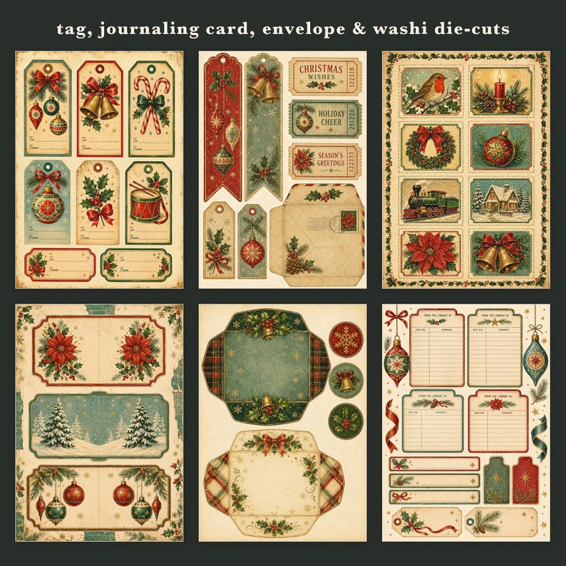 May include: A collection of Christmas-themed paper ephemera including gift tags, journaling cards, envelopes, and die-cuts. The designs feature vintage illustrations of ornaments, holly, poinsettias, bells, a train, and a robin on a cream background.