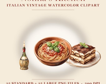 Italian Kitchen Clipart Bundle | 25 Watercolor Nonna PNG | Vintage Pasta Wine Cheese Clipart | Trattoria Kitchen Decor | Commercial Use
