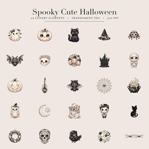 Op de afbeelding: Een verzameling van 25 digitale Halloween-clipart-elementen met geesten, pompoenen, zwarte katten, heksenhoeden, spinnen, vleermuizen, schedels, snoepma&iuml;s, een spookhuis, een mummie, een bezem, een spinnenweb en een ketel.
