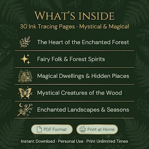Puede incluir: Gr&aacute;fico de descarga digital verde oscuro con texto e ilustraciones doradas. El texto dice "WHAT'S INSIDE" y enumera 30 p&aacute;ginas de rastreo de tinta con temas m&iacute;sticos. Los temas incluyen bosques encantados, hadas, moradas m&aacute;gicas y criaturas m&iacute;sticas.