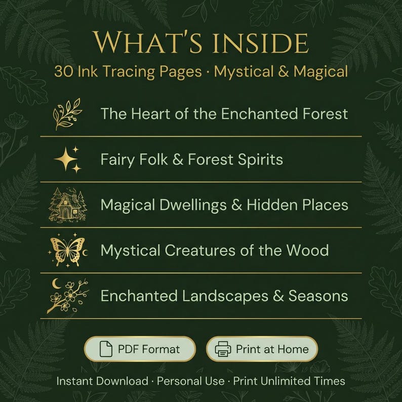 Puede incluir: Gr&aacute;fico de descarga digital verde oscuro con texto e ilustraciones doradas. El texto dice "WHAT'S INSIDE" y enumera 30 p&aacute;ginas de rastreo de tinta con temas m&iacute;sticos. Los temas incluyen bosques encantados, hadas, moradas m&aacute;gicas y criaturas m&iacute;sticas.