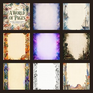 May include: A junk journal kit titled A World of Pages containing 100 assorted theme pages. The collection features various lined stationery designs including nautical, autumn, galaxy, floral, and desert themes with detailed illustrations.