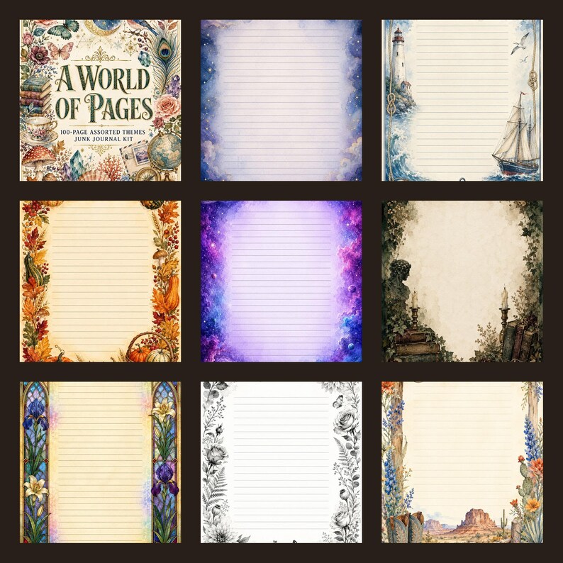 May include: A junk journal kit titled A World of Pages containing 100 assorted theme pages. The collection features various lined stationery designs including nautical, autumn, galaxy, floral, and desert themes with detailed illustrations.