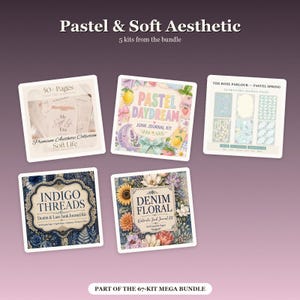 Puede incluir: Una colecci&oacute;n digital de cinco kits de junk journal titulada Pastel & Soft Aesthetic. Los kits incluyen Soft Life, Pastel Daydream, The Rose Parlour Pastel Spring, Indigo Threads Denim & Lace y Denim Floral, con diversos dise&ntilde;os florales y gr&aacute;ficos.