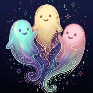 Pode incluir: Uma ilustra&ccedil;&atilde;o digital apresentando tr&ecirc;s figuras de fantasmas sorridentes contra um fundo azul escuro. Os fantasmas s&atilde;o coloridos em tons iridescentes de azul-petr&oacute;leo, amarelo p&aacute;lido e rosa suave, com padr&otilde;es ornamentados e estrelas coloridas.