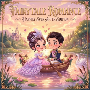 Op de afbeelding: Een digitale illustratie getiteld Fairytale Romance Happily Ever After Edition met een koppel in een houten boot genaamd Serenity op een meer. De sc&egrave;ne bevat twee witte zwanen, roze waterlelies, een kasteel en zwevende hartjes.