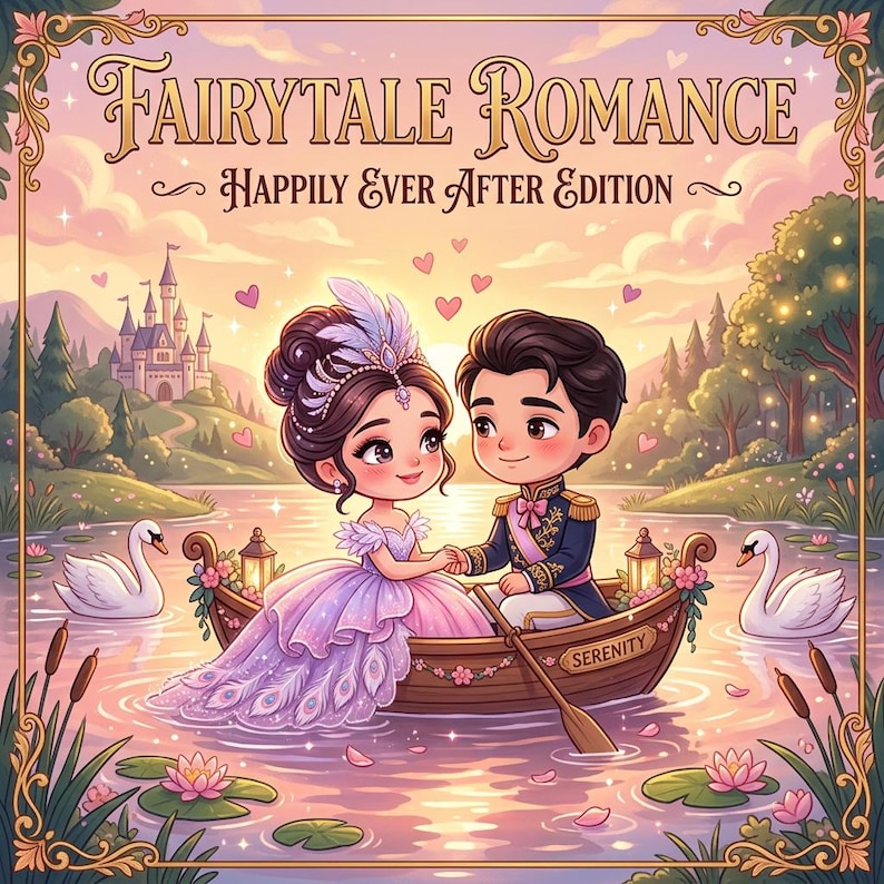 Op de afbeelding: Een digitale illustratie getiteld Fairytale Romance Happily Ever After Edition met een koppel in een houten boot genaamd Serenity op een meer. De sc&egrave;ne bevat twee witte zwanen, roze waterlelies, een kasteel en zwevende hartjes.