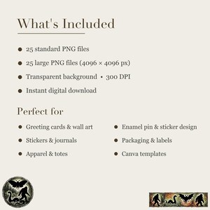 Pode incluir: Uma listagem de produto digital com o texto What's Included e Perfect for, listando 25 arquivos PNG padr&atilde;o e grandes com fundos transparentes a 300 DPI. Inclui &iacute;cones de uma mariposa, uma criatura marinha e uma silhueta de sasquatch.