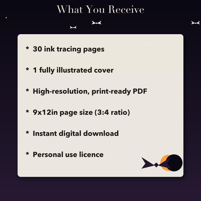 Pode incluir: Um cart&atilde;o de informa&ccedil;&otilde;es de produto digital com fundo roxo escuro e um painel central bege claro. O texto diz: What You Receive, 30 ink tracing pages, 1 fully illustrated cover, High-resolution, print-ready PDF, 9x12in page size (3:4 ratio), Instant digital download, Personal use licence.