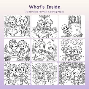 Op de afbeelding: Een digitaal kleurboek getiteld What's Inside met 30 Romantic Fairytale Coloring Pages. De afbeelding toont een raster van negen zwart-wit lijntekeningen met chibi-stijl personages in verschillende sprookjesachtige sc&egrave;nes.