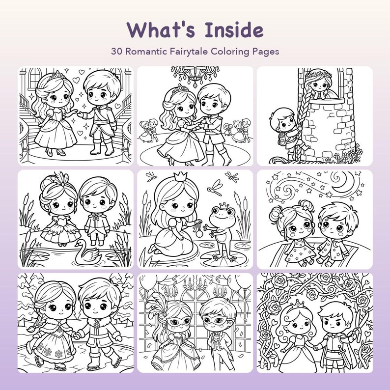 Op de afbeelding: Een digitaal kleurboek getiteld What's Inside met 30 Romantic Fairytale Coloring Pages. De afbeelding toont een raster van negen zwart-wit lijntekeningen met chibi-stijl personages in verschillende sprookjesachtige sc&egrave;nes.