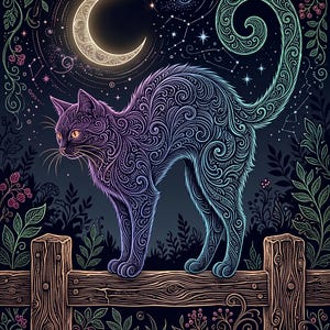 Pode incluir: Uma ilustra&ccedil;&atilde;o estilizada de um gato com padr&otilde;es intrincados de redemoinhos roxos e azuis sobre uma cerca de madeira. O fundo apresenta uma lua crescente brilhante, estrelas, constela&ccedil;&otilde;es e folhagem escura com bagas.