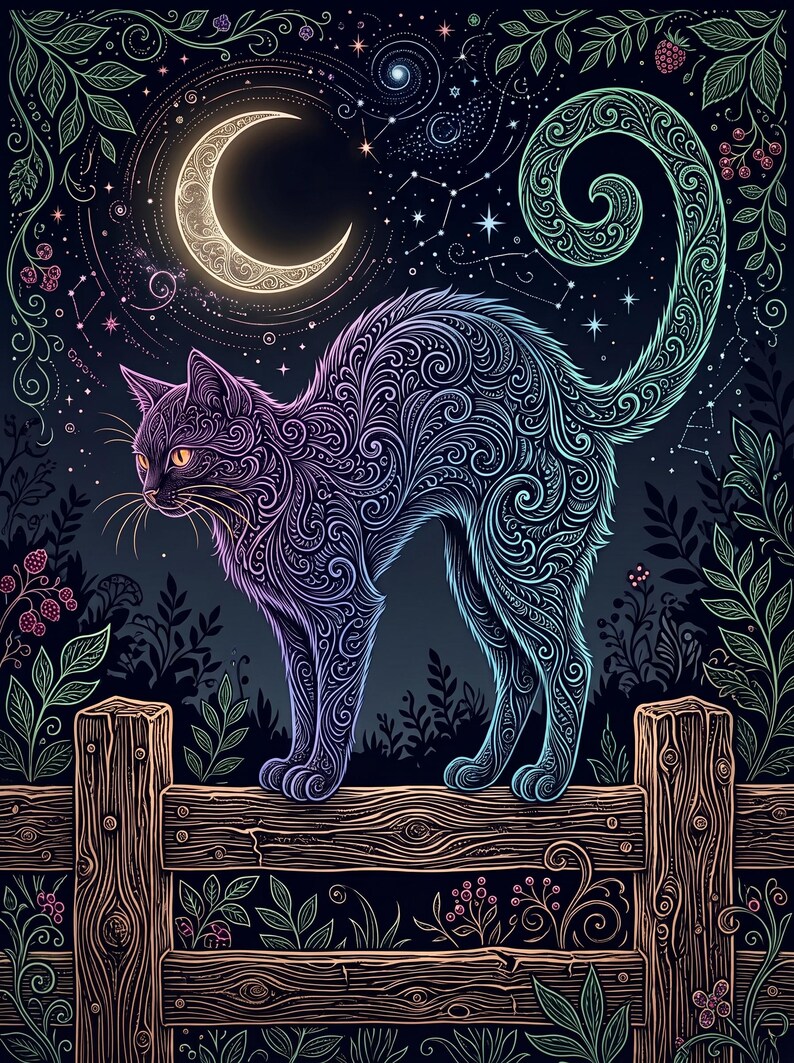 Pode incluir: Uma ilustra&ccedil;&atilde;o estilizada de um gato com padr&otilde;es intrincados de redemoinhos roxos e azuis sobre uma cerca de madeira. O fundo apresenta uma lua crescente brilhante, estrelas, constela&ccedil;&otilde;es e folhagem escura com bagas.