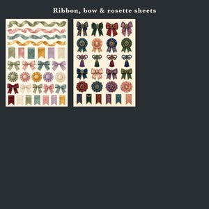 May include: Two sheets of stickers labeled Ribbon, bow & rosette sheets. The sheets feature various illustrations of ribbons, bows, and rosettes in shades of green, pink, blue, gold, purple, and red, arranged in rows on a cream-colored background.