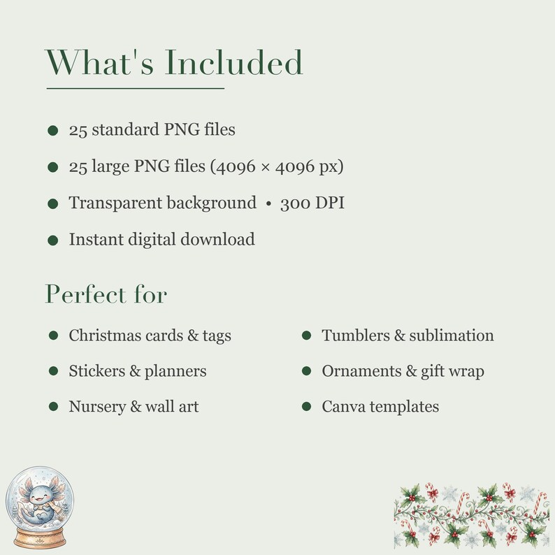 Jul Axolotl Clipart 25 mysiga julakvarellpaket PNG-filer (4096×4096px) Transparent bakgrund · 300 DPI bild 3