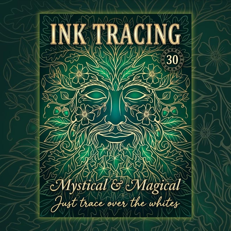 Puede incluir: Una portada de libro de trazado de tinta verde y dorada con un dise&ntilde;o m&iacute;stico. La portada presenta una cara hecha de hojas y flores, con el texto "INK TRACING" en la parte superior y "Mystical & Magical" en la parte inferior. Tambi&eacute;n se incluye el texto "Just trace over the whites".