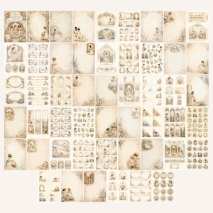 May include: A collection of vintage-style paper ephemera featuring illustrations of children in wedding attire, floral borders, and decorative frames. The set includes various stationery sheets, tags, labels, and envelope templates in soft beige tones.