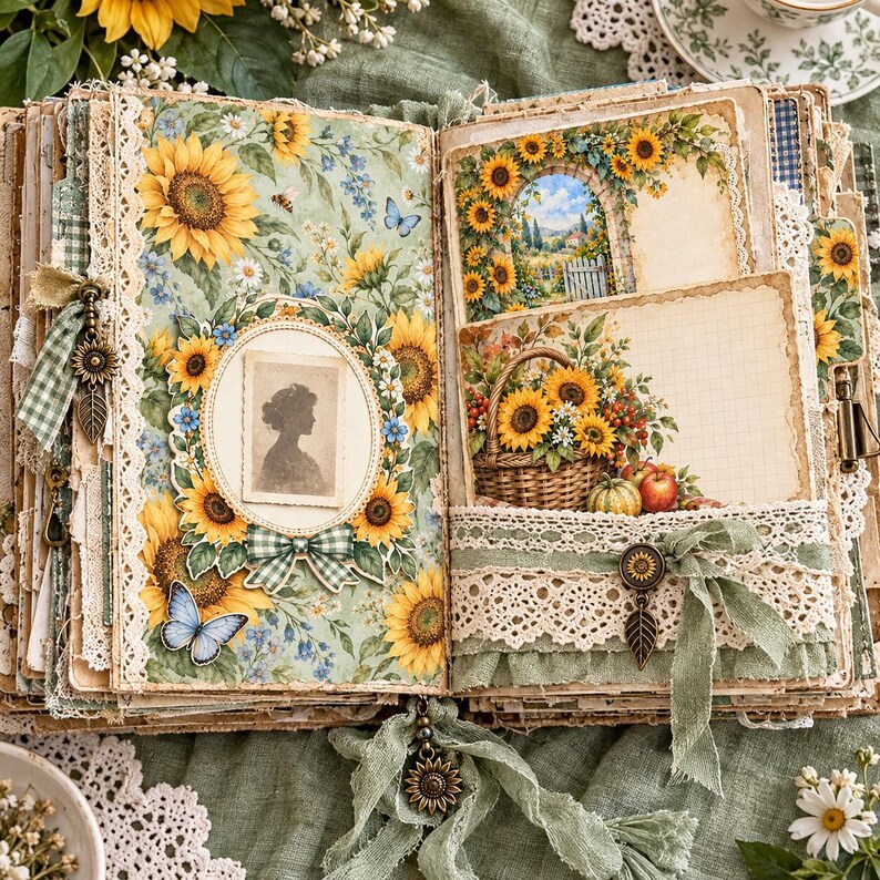 May include: An open scrapbook featuring sunflower-themed pages with lace trim, a silhouette portrait in an oval frame, a basket of sunflowers illustration, and a blue butterfly. The pages include green gingham ribbons, metal sunflower charms, and fabric accents.