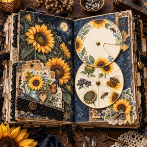 May include: An open scrapbook featuring sunflower illustrations on a dark blue starry background. The left page has a pocket with layered tags and a watering can graphic. The right page displays two circular paper wheels with sunflower and bee motifs.