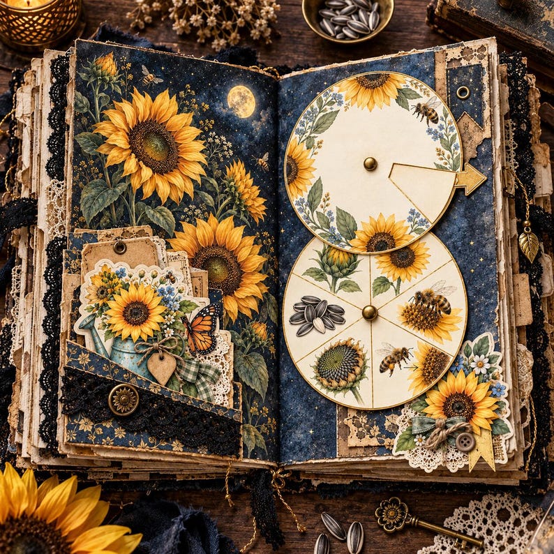 May include: An open scrapbook featuring sunflower illustrations on a dark blue starry background. The left page has a pocket with layered tags and a watering can graphic. The right page displays two circular paper wheels with sunflower and bee motifs.