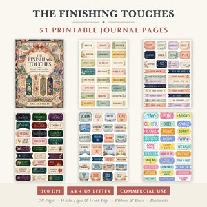 May include: A digital junk journal kit titled The Finishing Touches, featuring 51 printable pages of washi tapes, word tags, ribbons, and bookmarks. The collection includes various rectangular labels with inspirational words, floral patterns, and coastal themes in multiple colors.