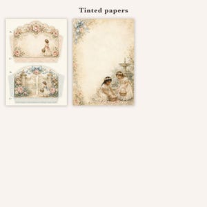 May include: Tinted papers featuring decorative stationery sheets with illustrations of children in dresses, floral borders, a garden gate, and a fountain. The designs include soft beige, pink, and blue color palettes with intricate vintage-style artwork.