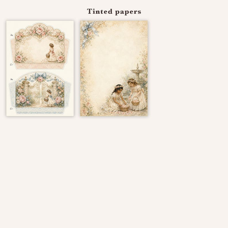 May include: Tinted papers featuring decorative stationery sheets with illustrations of children in dresses, floral borders, a garden gate, and a fountain. The designs include soft beige, pink, and blue color palettes with intricate vintage-style artwork.