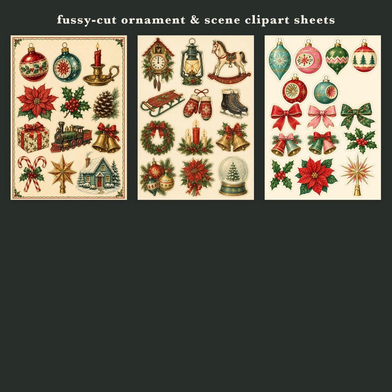 May include: Three sheets of fussy-cut ornament and scene clipart featuring vintage-style Christmas illustrations. The designs include baubles, poinsettias, a train, a house, a rocking horse, lanterns, ice skates, bells, bows, and wreaths in red, green, and gold.