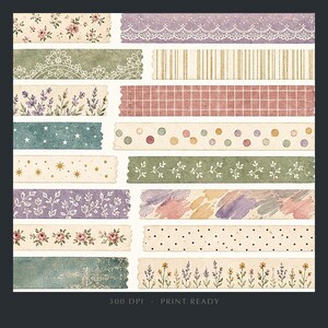 May include: A collection of decorative washi tape strips featuring various patterns including floral prints, lace borders, stripes, plaid, polka dots, stars, and watercolor brush strokes in a palette of muted greens, purples, pinks, and creams.