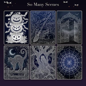 Pode incluir: Uma cole&ccedil;&atilde;o de seis ilustra&ccedil;&otilde;es retangulares intituladas So Many Scenes, com desenhos de linhas brancas sobre um fundo azul escuro. Os designs incluem ab&oacute;boras empilhadas com morcegos, um chap&eacute;u de bruxa com livros, um port&atilde;o ornamentado, um gato numa cerca, uma coruja numa &aacute;rvore e uma teia de aranha.