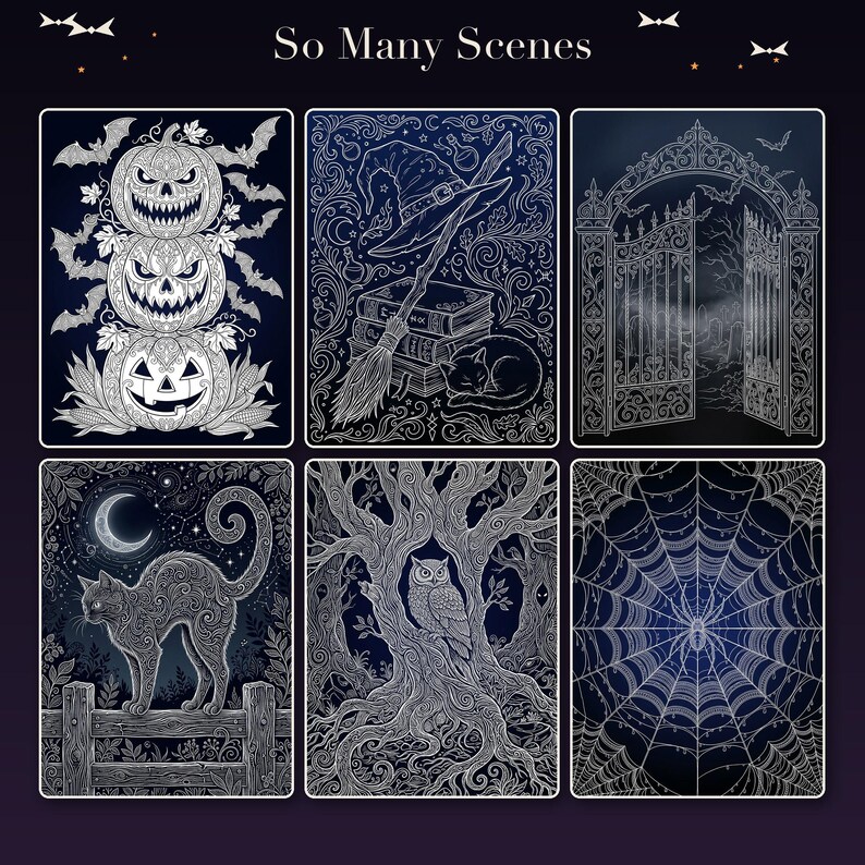 Pode incluir: Uma cole&ccedil;&atilde;o de seis ilustra&ccedil;&otilde;es retangulares intituladas So Many Scenes, com desenhos de linhas brancas sobre um fundo azul escuro. Os designs incluem ab&oacute;boras empilhadas com morcegos, um chap&eacute;u de bruxa com livros, um port&atilde;o ornamentado, um gato numa cerca, uma coruja numa &aacute;rvore e uma teia de aranha.