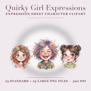 Może przedstawiać: Cyfrowa ilustracja zatytułowana Quirky Girl Expressions Expression Sheet Character Clipart przedstawiająca trzy głowy postaci z r&oacute;żnymi fryzurami i wyrazami twarzy, zawierająca 25 standardowych i 25 dużych plik&oacute;w PNG w rozdzielczości 300 DPI.