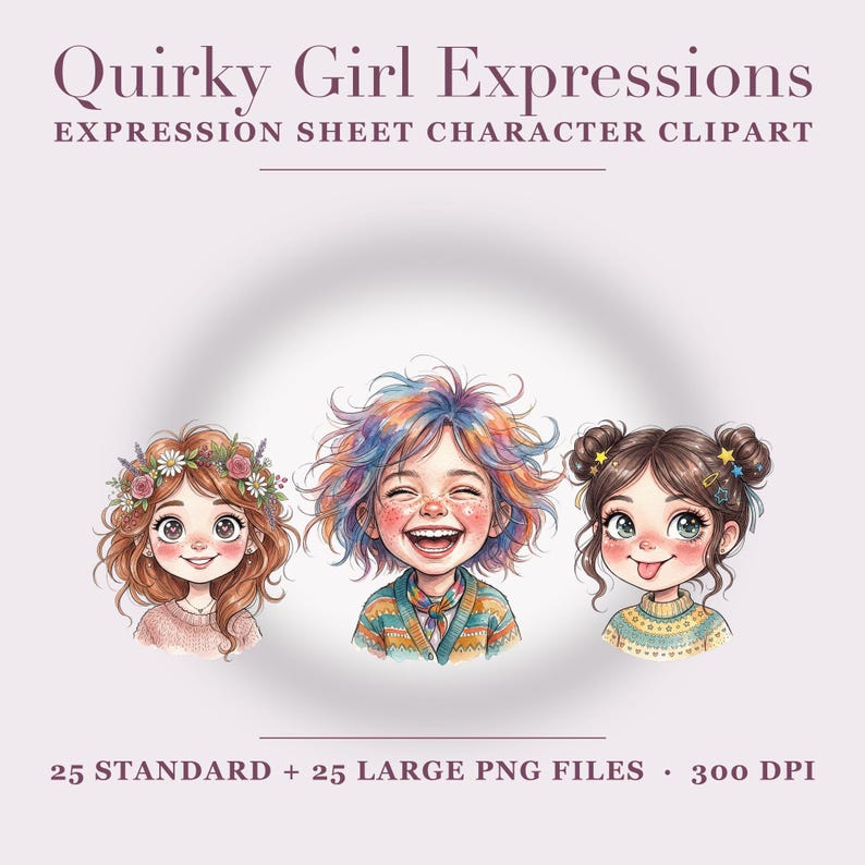 Może przedstawiać: Cyfrowa ilustracja zatytułowana Quirky Girl Expressions Expression Sheet Character Clipart przedstawiająca trzy głowy postaci z r&oacute;żnymi fryzurami i wyrazami twarzy, zawierająca 25 standardowych i 25 dużych plik&oacute;w PNG w rozdzielczości 300 DPI.