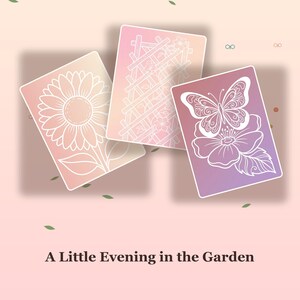 May include: Three rectangular cards with a gradient background featuring white line art of a sunflower, a garden trellis with flowers, and a butterfly resting on a flower. The text A Little Evening in the Garden is printed at the bottom.