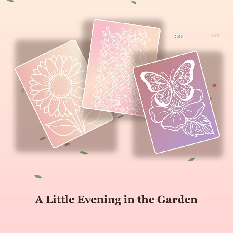 May include: Three rectangular cards with a gradient background featuring white line art of a sunflower, a garden trellis with flowers, and a butterfly resting on a flower. The text A Little Evening in the Garden is printed at the bottom.