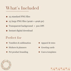 May include: A digital product information graphic with a light beige background and dark brown text. It lists 25 standard PNG files, 25 large 4096 x 4096 px PNG files, transparent background, 300 DPI, and instant digital download. It lists uses for tumblers, sublimation, stickers, planners, pet branding, apparel, totes, greeting cards, and Canva templates.