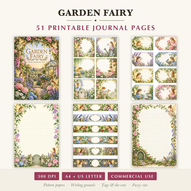 Kit de diario creativo de hadas de jardín, 50 páginas imprimibles con ilustraciones vintage de jardines de hadas, papeles Cottage Roses, descarga instantánea. imagen 3