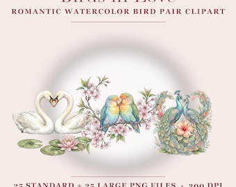 Birds in Love Clipart- 25 Romantic Watercolor Bundle PNG files (4096×4096px) Transparent background · 300 DPI