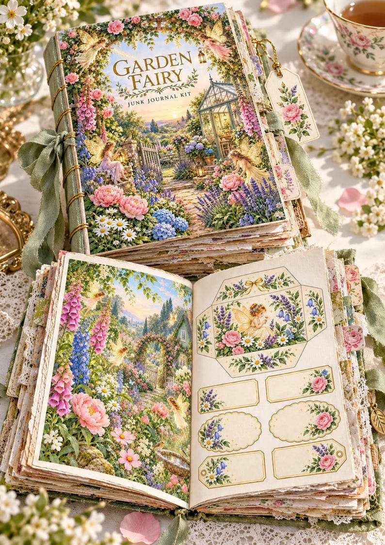 Kit de diario creativo de hadas de jardín, 50 páginas imprimibles con ilustraciones vintage de jardines de hadas, papeles Cottage Roses, descarga instantánea. imagen 5