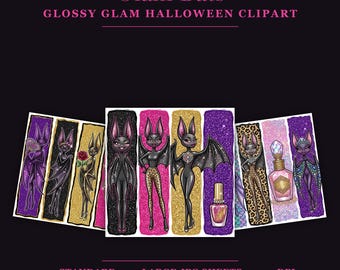 Glam Bat Clipart Bundle | 25 Glossy Halloween Sheets | Glitter Fashion Bat PNG JPG | Leopard Print Sparkle | Commercial Use
