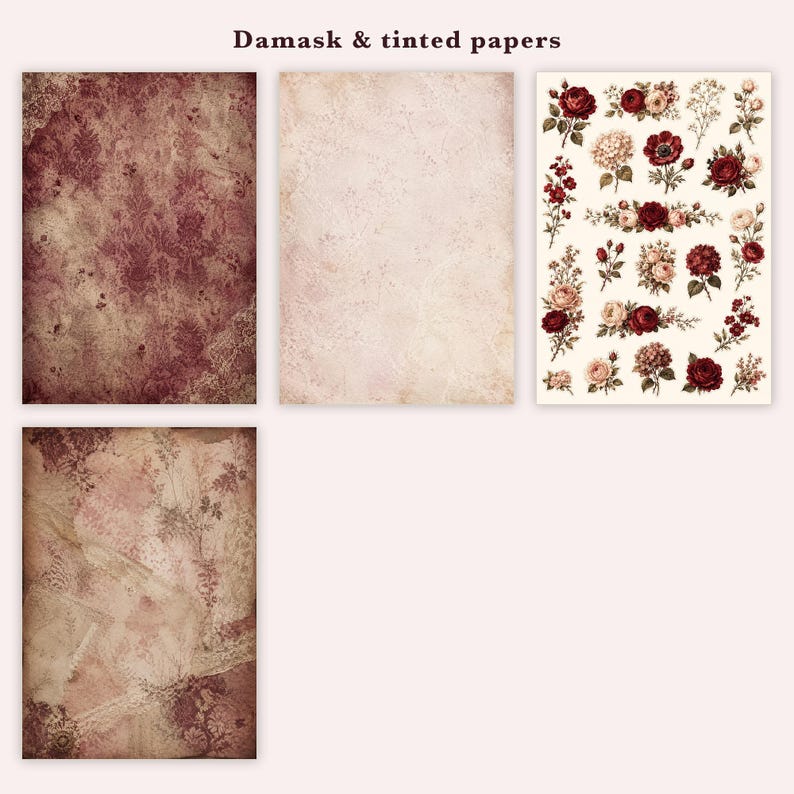 K&ouml;nnte beinhalten: Eine Sammlung von vier rechteckigen Papierb&ouml;gen mit der Aufschrift Damask & tinted papers. Ein Bogen zeigt ein dunkelburgunderfarbenes Damastmuster, einer ist ein hellbeiges, strukturiertes Papier, einer zeigt verschiedene rote und cremefarbene Blumenillustrationen und einer hat ein verwaschenes rosa-braunes Blumenmuster.